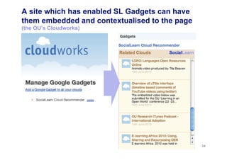 A site which has enabled SL Gadgets can have
them embedded and contextualised to the page
(the OU’s Cloudworks)
24
 