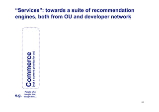 “Services”: towards a suite of recommendation
engines, both from OU and developer network
40
Commerce
People who
bought this,
bought this…e.g.
(notacurrentpriorityforus)
 