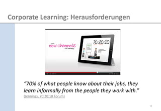 “70% of what people know about their jobs, they learn informally from the people they work with.” (Jennings, 70:20:10 Forum) 
Corporate Learning: Herausforderungen 
12  