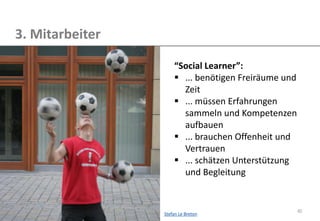 40 
3. Mitarbeiter 
“Social Learner”: 
... benötigen Freiräume und Zeit 
... müssen Erfahrungen sammeln und Kompetenzen aufbauen 
... brauchen Offenheit und Vertrauen 
... schätzen Unterstützung und Begleitung 
Stefan Le Breton 
 