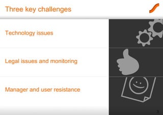 Technology issues Legal issues and monitoring Manager and user resistance Three key challenges 