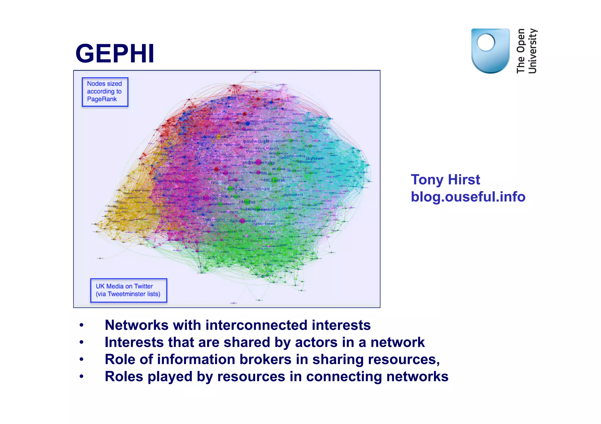 GEPHI



                                                Tony Hirst
                                                blog.ouseful.info




•    Networks with interconnected interests
•    Interests that are shared by actors in a network
•    Role of information brokers in sharing resources,
•    Roles played by resources in connecting networks
 