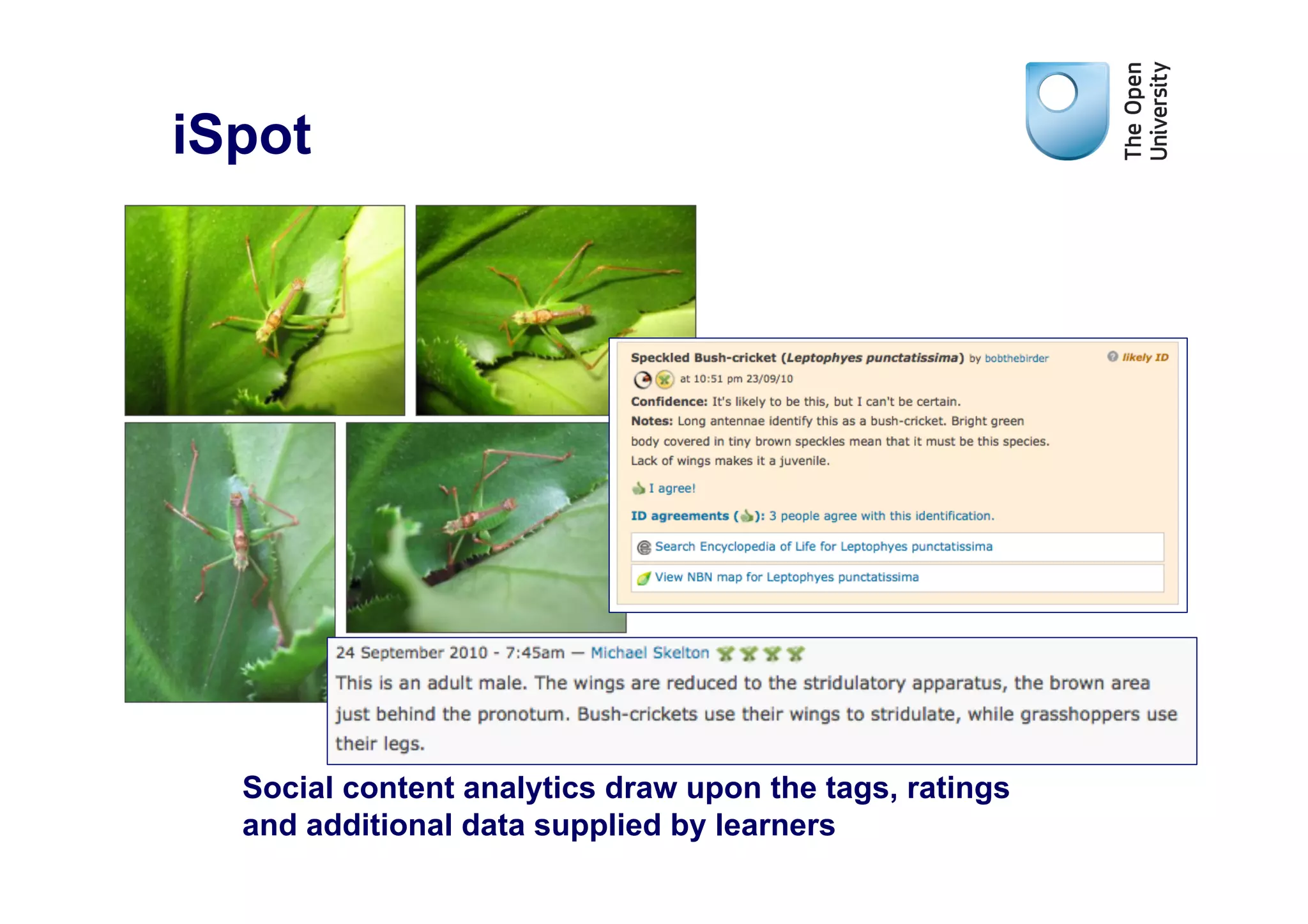 iSpot




  Social content analytics draw upon the tags, ratings
  and additional data supplied by learners
 