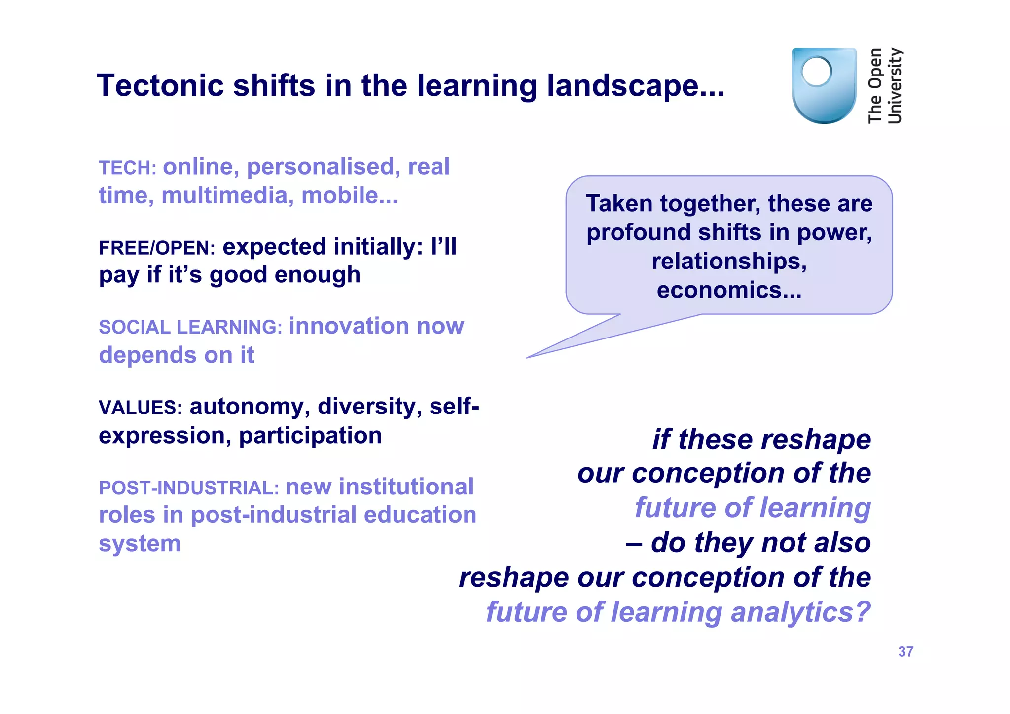 Tectonic shifts in the learning landscape...

TECH: online,
            personalised, real
time, multimedia, mobile...              Taken together, these are
                                         profound shifts in power,
FREE/OPEN:   expected initially: I’ll
                                              relationships,
pay if it’s good enough
                                               economics...
SOCIAL LEARNING: innovation     now
depends on it

VALUES:autonomy, diversity, self-
expression, participation                        if these reshape
POST-INDUSTRIAL: new institutional
                                          our conception of the
roles in post-industrial education              future of learning
system                                         – do they not also
                                 reshape our conception of the
                                   future of learning analytics?
                                                                     37
 