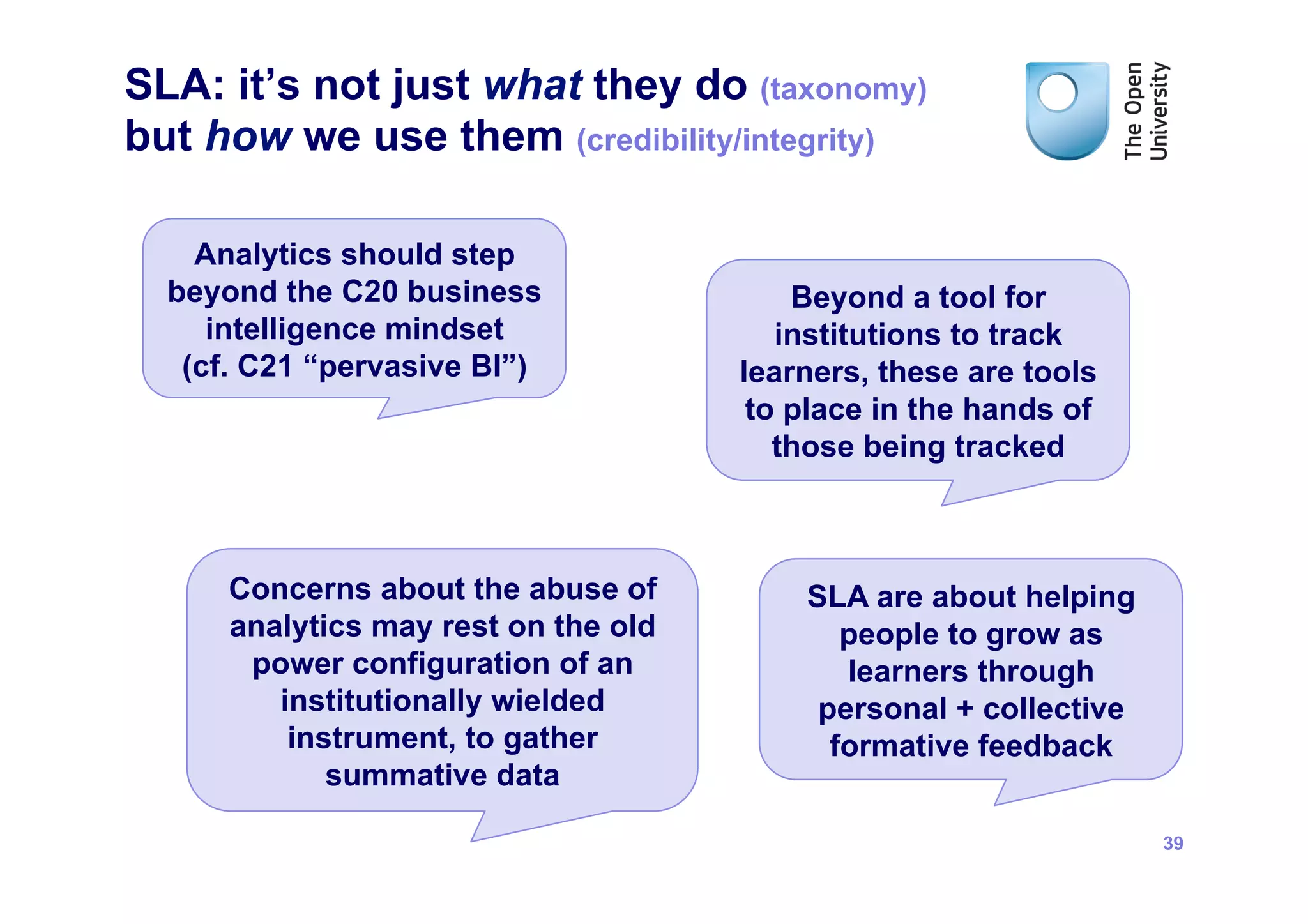SLA: it’s not just what they do (taxonomy)
but how we use them (credibility/integrity)

    Analytics should step
  beyond the C20 business                 Beyond a tool for
     intelligence mindset                institutions to track
   (cf. C21 “pervasive BI”)           learners, these are tools
                                       to place in the hands of
                                         those being tracked



      Concerns about the abuse of         SLA are about helping
      analytics may rest on the old          people to grow as
       power configuration of an             learners through
         institutionally wielded           personal + collective
          instrument, to gather             formative feedback
             summative data

                                                                   39
 
