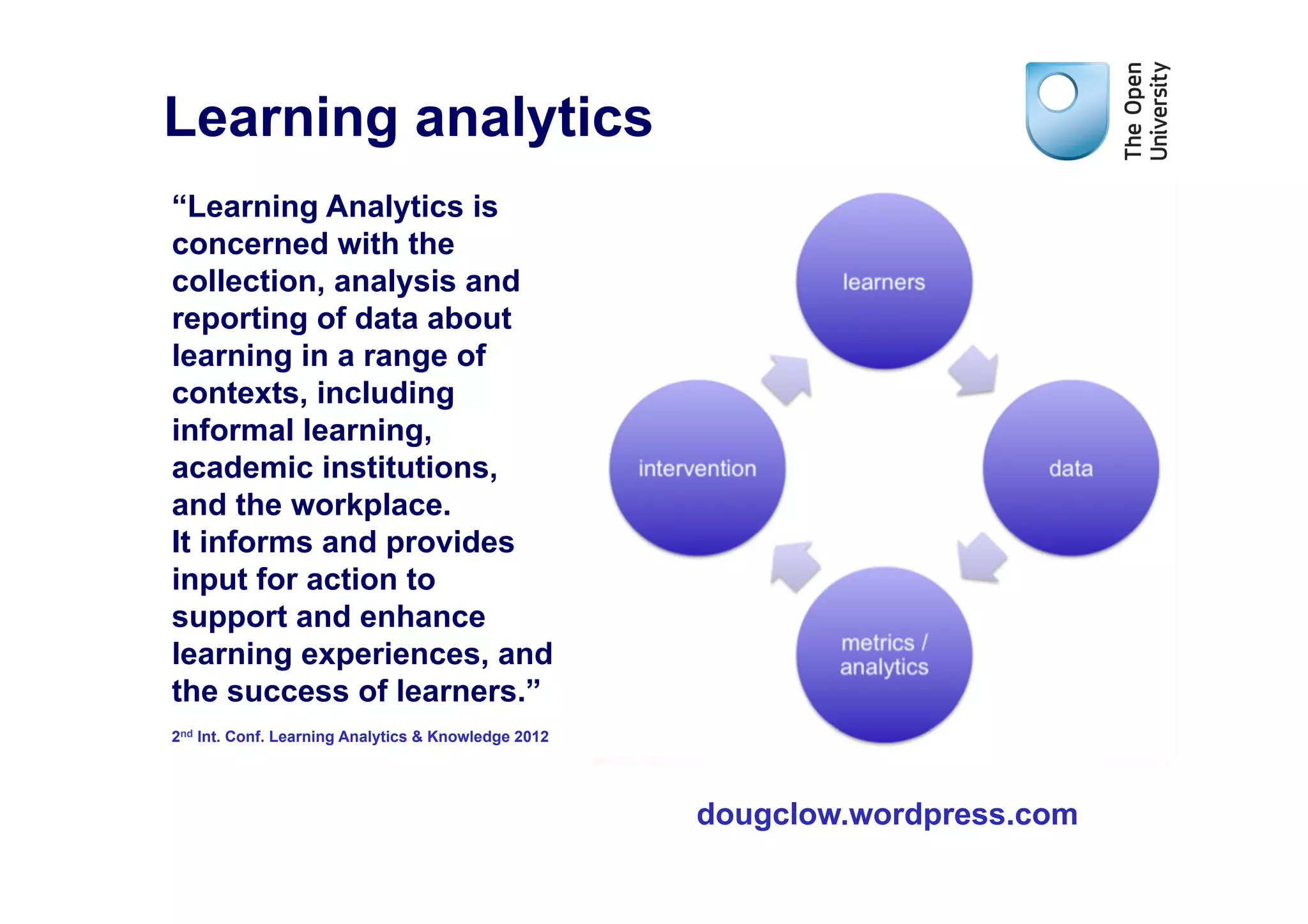 Learning analytics
“Learning Analytics is
concerned with the
collection, analysis and
reporting of data about
learning in a range of
contexts, including
informal learning,
academic institutions,
and the workplace.
It informs and provides
input for action to
support and enhance
learning experiences, and
the success of learners.”
2nd Int. Conf. Learning Analytics & Knowledge 2012




                                                     dougclow.wordpress.com
 