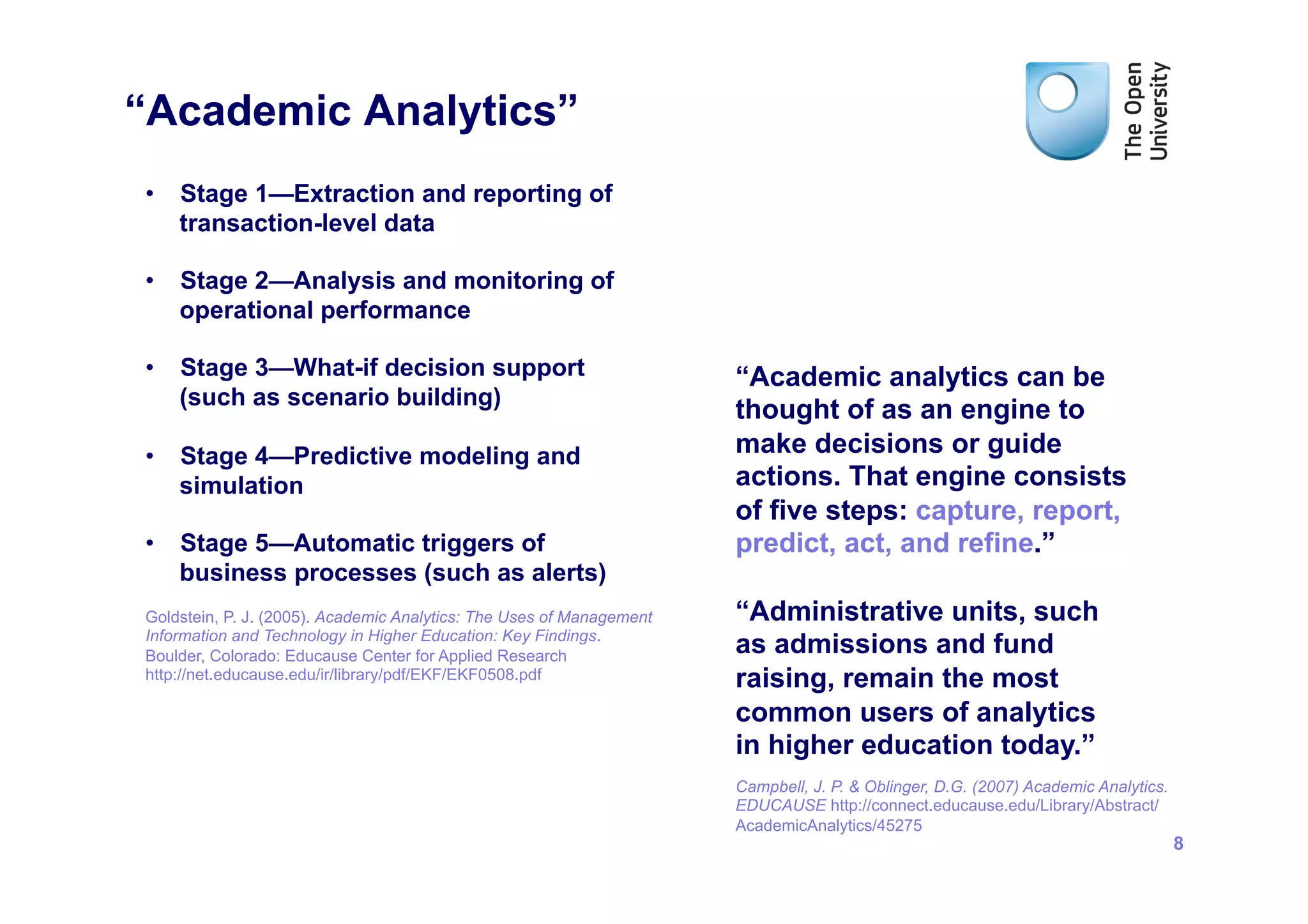 “Academic Analytics”
•  Stage 1—Extraction and reporting of
   transaction-level data

•  Stage 2—Analysis and monitoring of
   operational performance

•  Stage 3—What-if decision support                                   “Academic analytics can be
   (such as scenario building)
                                                                      thought of as an engine to
•  Stage 4—Predictive modeling and                                    make decisions or guide
   simulation                                                         actions. That engine consists
                                                                      of five steps: capture, report,
•  Stage 5—Automatic triggers of                                      predict, act, and refine.”
   business processes (such as alerts)
Goldstein, P. J. (2005). Academic Analytics: The Uses of Management   “Administrative units, such
Information and Technology in Higher Education: Key Findings.
Boulder, Colorado: Educause Center for Applied Research
                                                                      as admissions and fund
http://net.educause.edu/ir/library/pdf/EKF/EKF0508.pdf                raising, remain the most
                                                                      common users of analytics
                                                                      in higher education today.”
                                                                      Campbell, J. P. & Oblinger, D.G. (2007) Academic Analytics.
                                                                      EDUCAUSE http://connect.educause.edu/Library/Abstract/
                                                                      AcademicAnalytics/45275
                                                                                                                                    8
 
