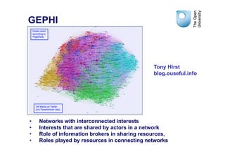GEPHI



                                                Tony Hirst
                                                blog.ouseful.info




•    Networks with interconnected interests
•    Interests that are shared by actors in a network
•    Role of information brokers in sharing resources,
•    Roles played by resources in connecting networks
 