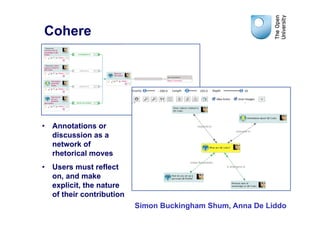 Cohere




•  Annotations or
   discussion as a
   network of
   rhetorical moves
•  Users must reflect
   on, and make
   explicit, the nature
   of their contribution
                           Simon Buckingham Shum, Anna De Liddo
 