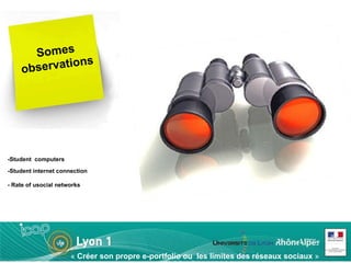 Somes observations -Student  computers   -Student internet connection - Rate of usocial networks «  Créer son propre e-portfolio ou  les limites des réseaux sociaux  » Mai 2011 