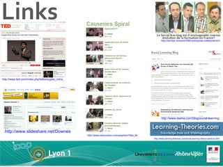 Links http://techtoc.tv/event/398/l-entreprise-collaborative/management-2.0/le-social-learning-est-il-envisageable-comme-evolution-de-la-formation-en-france http://www.ted.com/index.php/talks/sugata_mitra_shows_how_kids_teach_themselves.html http://www.dashe.com/blog/social-learning http://www.learning-theories.com/social-learning-theory-bandura.html http://www.slideshare.net/Downes http://www.dailymotion.com/playlist/x1ltbe_Batier_causeries-spira 