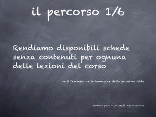 il percorso 1/6


Rendiamo disponibili schede
senza contenuti per ognuna
delle lezioni del corso
           vedi l'esempio nella immagine della prossima slide




                             germano paini - Università Milano Bicocca
 