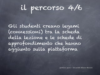 il percorso 4/6

Gli studenti creano legami
(connessioni) tra la scheda
della lezione e le schede di
approfondimento che hanno
aggiunto sulla piattaforma


                   germano paini - Università Milano Bicocca
 