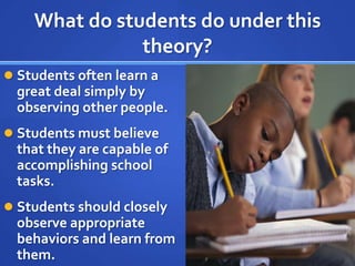 What do students do under this
               theory?
 Students often learn a
  great deal simply by
  observing other people.
 Students must believe
  that they are capable of
  accomplishing school
  tasks.
 Students should closely
  observe appropriate
  behaviors and learn from
  them.
 