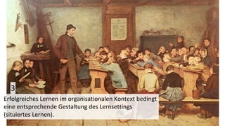 Erfolgreiches Lernen im organisationalen Kontext bedingt
eine entsprechende Gestaltung des Lernsettings
(situiertes Lernen).
3
 