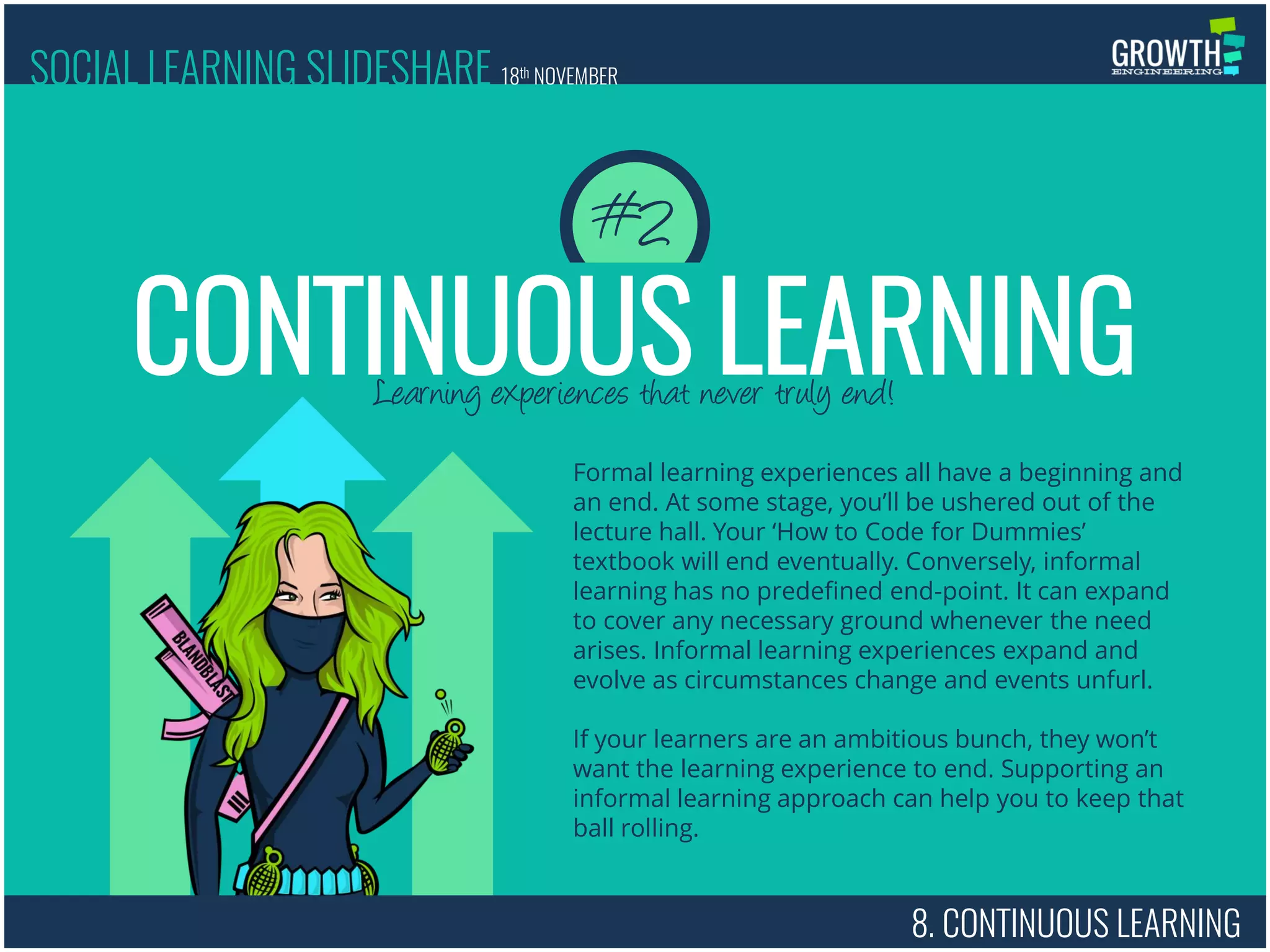 Formal learning experiences all have a beginning and
an end. At some stage, you’ll be ushered out of the
lecture hall. Your ‘How to Code for Dummies’
textbook will end eventually. Conversely, informal
learning has no predefined end-point. It can expand
to cover any necessary ground whenever the need
arises. Informal learning experiences expand and
evolve as circumstances change and events unfurl.
If your learners are an ambitious bunch, they won’t
want the learning experience to end. Supporting an
informal learning approach can help you to keep that
ball rolling.
#2
SOCIAL LEARNING SLIDESHARE 18th NOVEMBER
Learning experiences that never truly end!
CONTINUOUS LEARNING
8. CONTINUOUS LEARNING
 