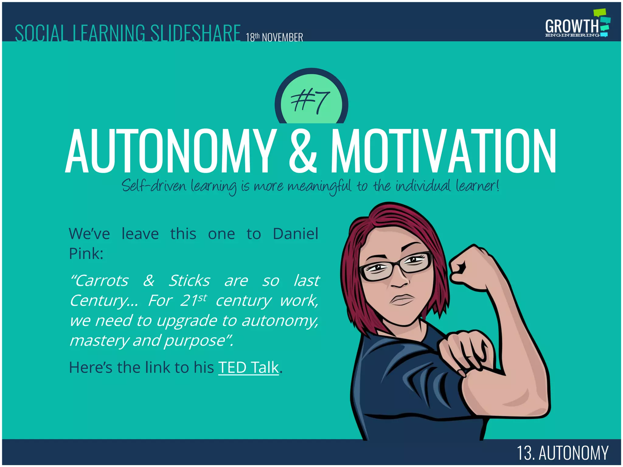 13. AUTONOMY
Self-driven learning is more meaningful to the individual learner!
AUTONOMY & MOTIVATION
#7
We’ve leave this one to Daniel
Pink:
“Carrots & Sticks are so last
Century… For 21st century work,
we need to upgrade to autonomy,
mastery and purpose”.
Here’s the link to his TED Talk.
SOCIAL LEARNING SLIDESHARE 18th NOVEMBER
 