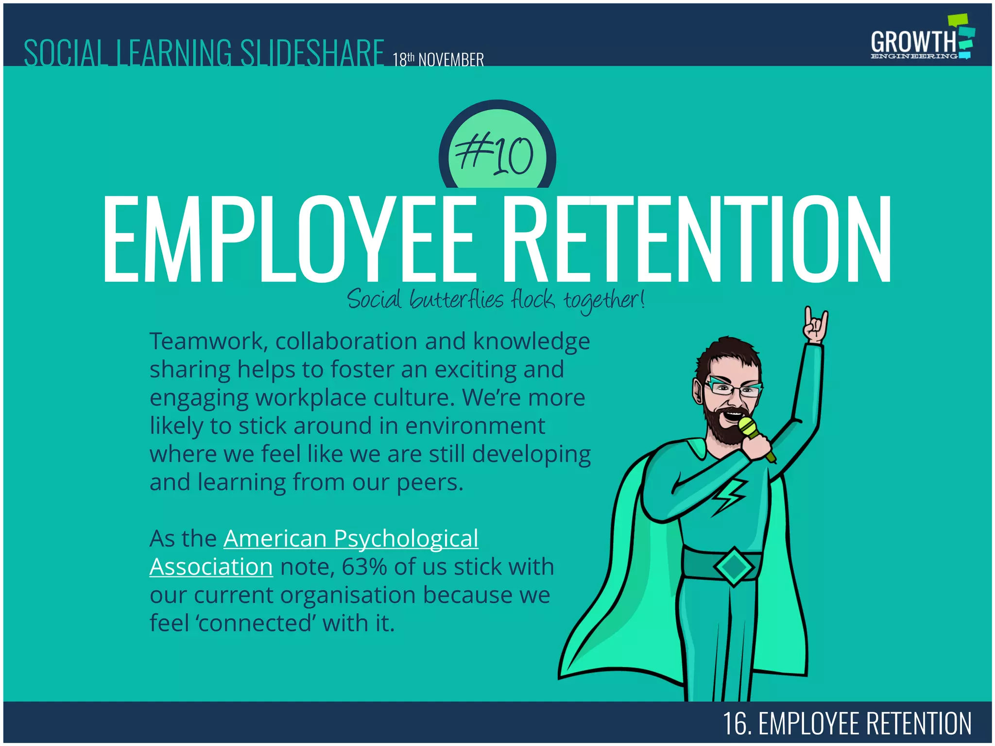 Social butterflies flock together!
EMPLOYEE RETENTION
#10
Teamwork, collaboration and knowledge
sharing helps to foster an exciting and
engaging workplace culture. We’re more
likely to stick around in environment
where we feel like we are still developing
and learning from our peers.
As the American Psychological
Association note, 63% of us stick with
our current organisation because we
feel ‘connected’ with it.
16. EMPLOYEE RETENTION
SOCIAL LEARNING SLIDESHARE 18th NOVEMBER
 