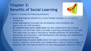 Chapter 2:
Benefits of Social Learning
 Social learning has allowed for a more flexible schedule for all staff to
collaborate.
 Social learning has increased the development time flexibility and
opportunity for staff members.
 By implementing social media tools into the collaborative and training
structures, we have been able to provide a learning community for our staff.
This helps meet our goal of self-paced, flexible platforms for information
distribution and discussion, staff development and sharing, and collaborative
lesson planning and learning.
 Social learning via social media allows for ease in creating and sharing
content, supports conversation and collaboration, helps to connect people in
disparate roles and reduces barriers of time and geography (Bozarth, 2010).
Chapter 2 includes the following elements:
 