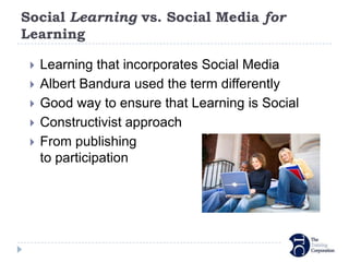 Social Learning vs. Social Media for
Learning

    Learning that incorporates Social Media
    Albert Bandura used the term differently
    Good way to ensure that Learning is Social
    Constructivist approach
    From publishing
     to participation
 