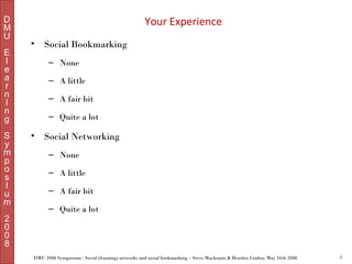 D
M
U
E
l
e
a
r
n
I
n
g
S
y
m
p
o
s
I
u
m
2
0
0
8

Your Experience
•

Social Bookmarking
– None
– A little
– A fair bit
– Quite a lot

•

Social Networking
– None
– A little
– A fair bit
– Quite a lot

DMU 2008 Symposium : Social (learning) networks and social bookmarking – Steve Mackenzie & Heather Conboy May 16th 2008

4

 
