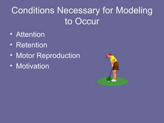 Conditions Necessary for Modeling to Occur Attention Retention Motor Reproduction Motivation 