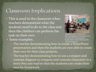  This is used in the classroom when
 teachers demonstrate what the
 students need to do in the class and
 then the children can perform the
                                           Adminsm (2012). {Classroom}.
 task on their own.                        http://fryingpannews.org/2012/10/02
                                           /an-education-how-prop-32s-
 Some examples:                           backers-have-tried-to-ditch-public-
                                           schools/classroom/
    The teacher demonstrating how to create a PowerPoint
     presentation and then the students are now able to create
     their own for their class projects.
    The teacher demonstrating how to use a compare and
     contrast diagram to compare and contrast characters in a
     story they just read so that the students can create their
     own for homework.
 