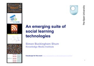 An emerging suite of
social learning
technologies
Simon Buckingham Shum
Knowledge Media Institute


Cloudscape for this event: http://cloudworks.ac.uk/cloudscape/view/2034


                                                                          1
 