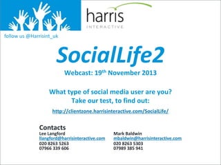 SocialLife2
Contacts
Lee Langford
llangford@harrisinteractive.com
020 8263 5263
07966 339 606
Mark Baldwin
mbaldwin@harrisinteractive.com
020 8263 5303
07989 385 941
Webcast: 19th November 2013
What type of social media user are you?
Take our test, to find out:
http://clientzone.harrisinteractive.com/SocialLife/
follow us @Harrisint_uk
 