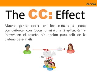 The CC: Effect
Mucha gente copia en los e-mails a otros
compañeros con poca o ninguna implicación e
interés en el asunto, sin opción para salir de la
cadena de e-mails.
 