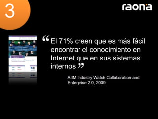 3
    El 71% creen que es más fácil
    encontrar el conocimiento en
    Internet que en sus sistemas
    internos
 