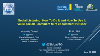 June 20, 2017
Philip Mai
@phmai
Director of Business &
Communications
Anatoliy Gruzd
@gruzd
Canada Research Chair
Associate Professor
Director of Research
@SMLabTO
Social Listening: How To Do It and How To Use It
Veille sociale: comment faire et comment l'utiliser
Social Media Lab
Ted Rogers School of Management,
Ryerson University
 