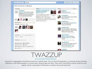 TWAZZUP	

                                                                      HTTP://WWW.TWAZZUP.COM	

Twazzup	
  is	
  an	
  aggregaIon	
  of	
  real-­‐Ime	
  results	
  for	
  a	
  speciﬁc	
  topic.	
  You	
  can	
  see	
  #	
  of	
  tweets/hour,	
  a	
  real-­‐Ime	
  stream	
  of	
  tweets,	
  
 inﬂuencers,	
  most	
  acIve	
  people	
  on	
  a	
  certain	
  topic,	
  keyword	
  tags	
  and	
  news.	
  There	
  aren t	
  many	
  ﬁlters	
  and	
  the	
  results	
  are	
  very	
  
                                 topline,	
  but	
  for	
  a	
  quick	
  grab	
  of	
  inﬂuencers	
  or	
  tweets,	
  this	
  would	
  work	
  well.	
  	
  
 