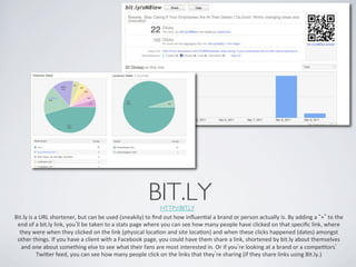 BIT.LY	

    HTTP://BIT.LY 	

Bit.ly	
  is	
  a	
  URL	
  shortener,	
  but	
  can	
  be	
  used	
  (sneakily)	
  to	
  ﬁnd	
  out	
  how	
  inﬂuenIal	
  a	
  brand	
  or	
  person	
  actually	
  is.	
  By	
  adding	
  a	
   + 	
  to	
  the	
  
 end	
  of	
  a	
  bit.ly	
  link,	
  you ll	
  be	
  taken	
  to	
  a	
  stats	
  page	
  where	
  you	
  can	
  see	
  how	
  many	
  people	
  have	
  clicked	
  on	
  that	
  speciﬁc	
  link,	
  where	
  
  they	
  were	
  when	
  they	
  clicked	
  on	
  the	
  link	
  (physical	
  locaIon	
  and	
  site	
  locaIon)	
  and	
  when	
  these	
  clicks	
  happened	
  (dates)	
  amongst	
  
 other	
  things.	
  If	
  you	
  have	
  a	
  client	
  with	
  a	
  Facebook	
  page,	
  you	
  could	
  have	
  them	
  share	
  a	
  link,	
  shortened	
  by	
  bit.ly	
  about	
  themselves	
  
   and	
  one	
  about	
  something	
  else	
  to	
  see	
  what	
  their	
  fans	
  are	
  most	
  interested	
  in.	
  Or	
  if	
  you re	
  looking	
  at	
  a	
  brand	
  or	
  a	
  compeItors 	
  
                 Twier	
  feed,	
  you	
  can	
  see	
  how	
  many	
  people	
  click	
  on	
  the	
  links	
  that	
  they re	
  sharing	
  (if	
  they	
  share	
  links	
  using	
  Bit.ly.)	
  
 