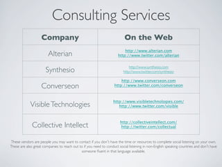 Consulting Services	

                    Company	

                                            On the Web	

                                                                          http://www.alterian.com
                        Alterian	

                                   http://www.twitter.com/alterian 

                                                                              http://www.synthesio.com	

                       Synthesio	

                                       http://www.twitter.com/synthesio 	


                                                                        http://www.converseon.com 
                    Converseon	

                                   http://www.twitter.com/converseon 
                                                                                     

                                                                   http://www.visibletechnologies.com/
             Visible Technologies	

                                  http://www.twitter.com/visible 



                                                                       http://collectiveintellect.com/
              Collective Intellect	

                                  http://twitter.com/collectual 


These vendors are people you may want to contact if you don t have the time or resources to complete social listening on your own.
These are also great companies to reach out to if you need to conduct social listening in non-English speaking countries and don t have
                                             someone ﬂuent in that language available.	

 