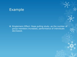 Example



 Ringlemann Effect: Rope pulling study…as the number of
  group members increased, performance of individuals
  decreased.
 