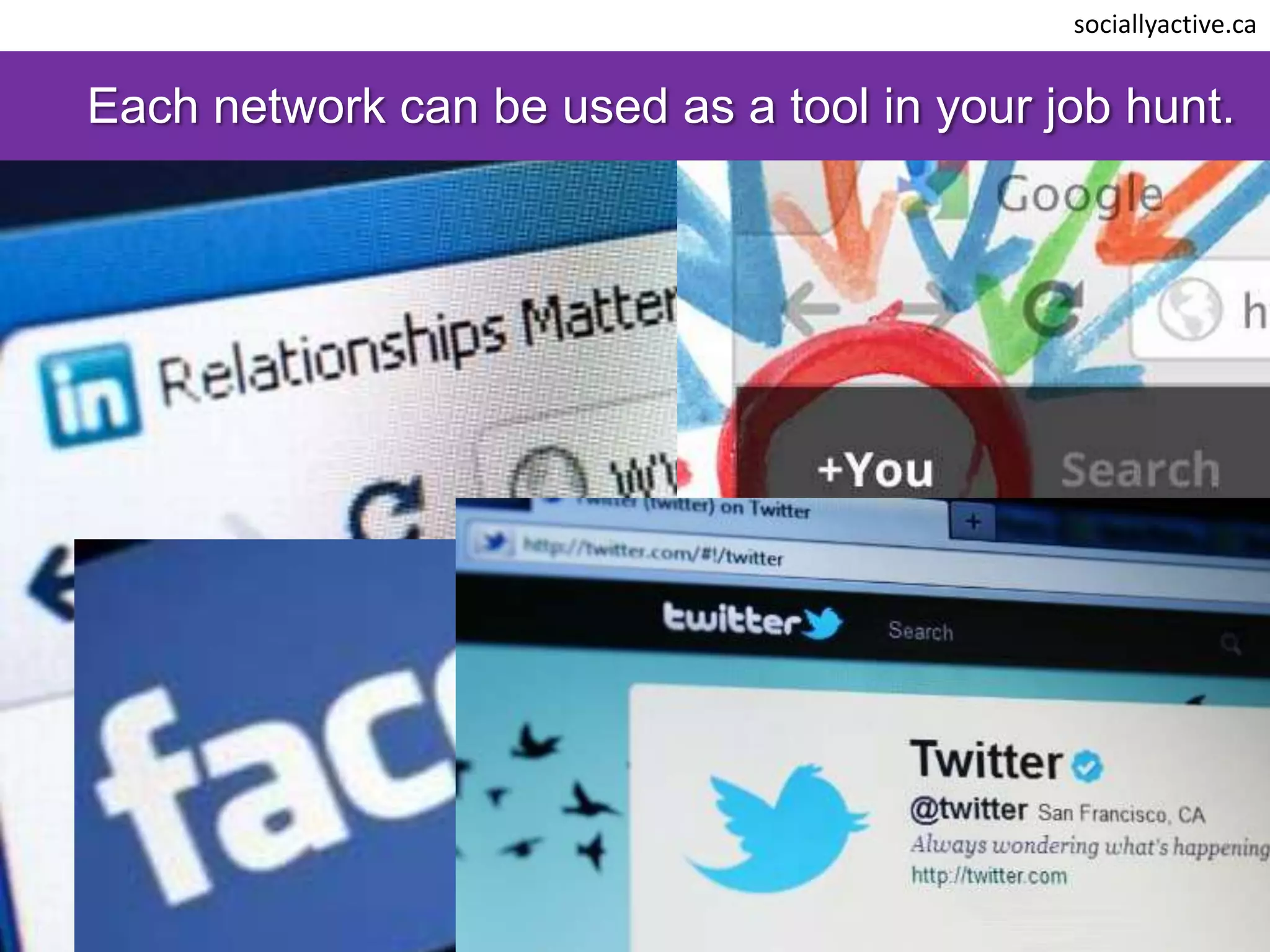 sociallyactive.ca


Each network can be used as a tool in your job hunt.
 