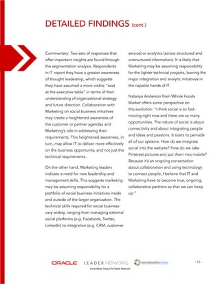 detailed findings (cont.) 
service) or analytics (across structured and 
unstructured information). It is likely that 
Marketing may be assuming responsibility 
for the lighter technical projects, leaving the 
major integration and analytic initiatives in 
the capable hands of IT. 
Natanya Anderson from Whole Foods 
Market offers some perspective on 
this evolution: “I think social is so fast-moving 
- 12 - 
Commentary: Two sets of responses that 
offer important insights are found through 
the segmentation analysis. Respondents 
in IT report they have a greater awareness 
of thought leadership, which suggests 
they have assumed a more visible “seat 
at the executive table” in terms of their 
understanding of organizational strategy 
and future direction. Collaboration with 
Marketing on social business initiatives 
may create a heightened awareness of 
the customer or partner agendas and 
Marketing’s role in addressing their 
requirements. This heightened awareness, in 
turn, may allow IT to deliver more effectively 
on the business opportunity, and not just the 
technical requirements. 
On the other hand, Marketing leaders 
indicate a need for new leadership and 
management skills. This suggests marketing 
may be assuming responsibility for a 
portfolio of social business initiatives inside 
and outside of the larger organization. The 
technical skills required for social business 
vary widely, ranging from managing external 
social platforms (e.g. Facebook, Twitter, 
LinkedIn) to integration (e.g. CRM, customer 
Social Media Today © All Rights Reserved 
right now and there are so many 
opportunities. The nature of social is about 
connectivity and about integrating people 
and ideas and passions. It starts to pervade 
all of our systems. How do we integrate 
social into the website? How do we take 
Pinterest pictures and put them into mobile? 
Because it’s an ongoing conversation 
about collaboration and using technology 
to connect people, I believe that IT and 
Marketing have to become true, ongoing, 
collaborative partners so that we can keep 
up.” 
 