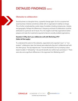 detailed findings (cont.) 
Social business is a disruptive force, a powerful change agent. So it’s no surprise that 
social business initiatives sometimes collide with an organization’s inability to change. 
This is further complicated by a wide range of variables including company size, industry 
and geography. Perhaps the differences in frequency and level of collaboration could be 
attributed to a particular set of issues. If so, the insights could help organizations better 
prepare and make the investments required to become socially enabled organizations. 
To understand the extent of the obstacles, respondents who reported “poor” or “non-existent” 
collaboration (see chart above) were asked why they don’t collaborate well with 
the other group. The top response was “I do see the benefit, but my company culture 
doesn’t enable it” followed by “I do see the benefit, but neither team prioritizes it.” There 
were also some significant differences in the responses from Marketing and IT. 
- 18 - 
Obstacles to collaboration 
Question 4: Why don’t you collaborate well with Marketing (/IT)? 
(Select all that apply.) 
Social Media Today © All Rights Reserved 
 