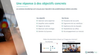 Une réponse à des objectifs concrets
Les solutions Sociallymap sont conçues pour répondre à des problématiques métiers concrètes
Vos objectifs
Valoriser votre expertise
Amplifier votre visibilité
Gagner du temps
Maitriser votre stratégie
Générer du business
Nos forces
Puissance de nos outils
Ergonomie de nos interfaces
Expérience de nos équipes
Flexibilité de nos offres
Accompagnement sur-mesure
Vidéos de présentation (cliquez sur l’image pour visionner)
Sociallymap Ambassador
 