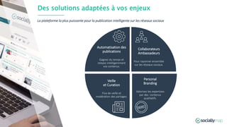 Collaborateurs
Ambassadeurs
Pour rayonner ensemble
sur les réseaux sociaux.
Personal
Branding
Valorisez les expertises
par des contenus
qualitatifs.
Veille
et Curation
Flux de veille et
modération des partages.
Automatisation des
publications
Gagnez du temps et
relayez intelligemment
vos contenus.
Des solutions adaptées à vos enjeux
La plateforme la plus puissante pour la publication intelligente sur les réseaux sociaux
 