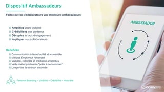 Dispositif Ambassadeurs
Amplifiez votre visibilité
Crédibilisez vos contenus
Décuplez le taux d’engagement
Impliquez vos collaborateurs
Faites de vos collaborateurs vos meilleurs ambassadeurs
Communication interne facilité et accessible
Marque Employeur renforcée
Visibilité, notoriété et crédibilité amplifiées
Veille métier pertinente "prête à consommer"
L’expertise de chacun valorisée
Bénéfices
Personal Branding – Visibilité – Crédibilité – Notoriété
 