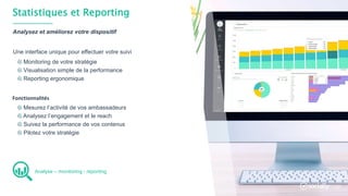 Statistiques et Reporting
Monitoring de votre stratégie
Visualisation simple de la performance
Reporting ergonomique
Analysez et améliorez votre dispositif
Mesurez l’activité de vos ambassadeurs
Analysez l’engagement et le reach
Suivez la performance de vos contenus
Pilotez votre stratégie
Analyse – monitoring - reporting
Fonctionnalités
Une interface unique pour effectuer votre suivi
 