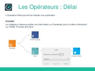 Les Opérateurs : Délai
L’Opérateur Délai permet de retarder une publication.
Exemple
Le mapping ci-dessous publie une information sur Facebook, puis la même information
sur Twitter 2 heures plus tard.
 
