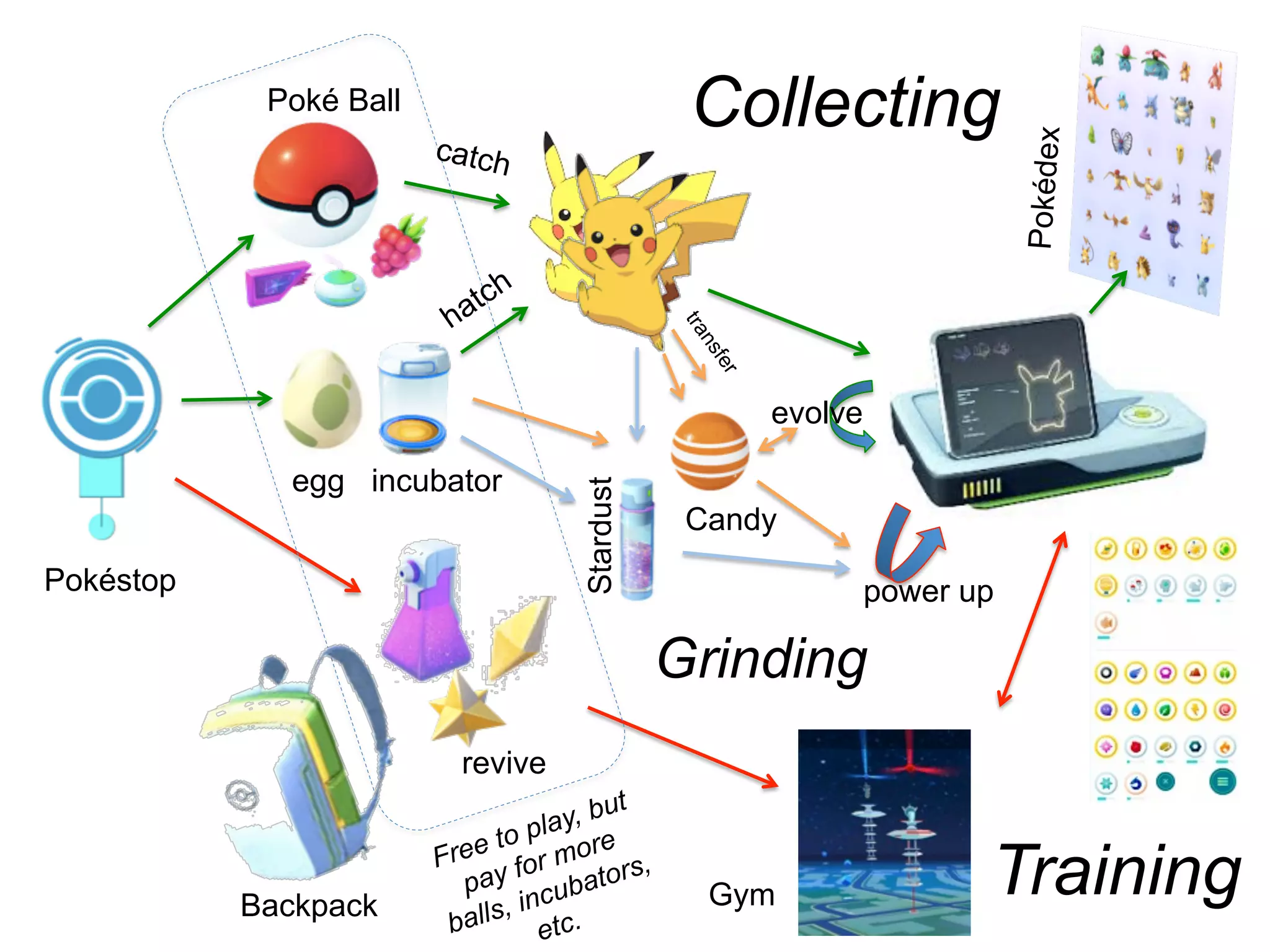 evolve
power up
Collecting
Training
Grinding
Pokéstop
Backpack
Pokédex
Gym
Candy
Stardust
Poké Ball
egg incubator
revive
catch
Free to play, but
pay for more
balls, incubators,
etc.
 