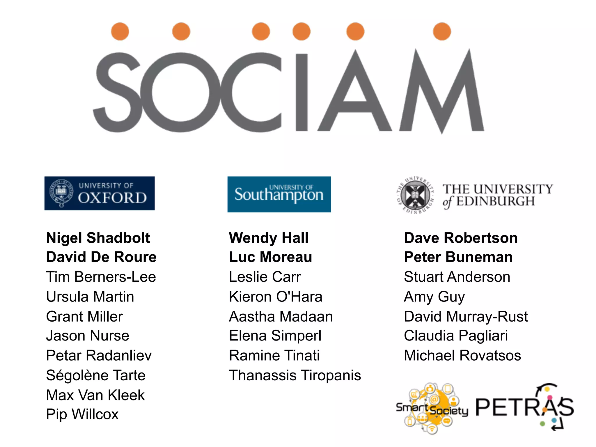 Nigel Shadbolt
David De Roure
Tim Berners-Lee
Ursula Martin
Grant Miller
Jason Nurse
Petar Radanliev
Ségolène Tarte
Max Van Kleek
Pip Willcox
Wendy Hall
Luc Moreau
Leslie Carr
Kieron O'Hara
Aastha Madaan
Elena Simperl
Ramine Tinati
Thanassis Tiropanis
Dave Robertson
Peter Buneman
Stuart Anderson
Amy Guy
David Murray-Rust
Claudia Pagliari
Michael Rovatsos
 