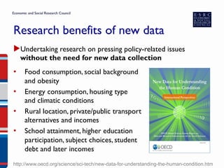 Research benefits of new data
▶ Undertaking research on pressing policy-related issues
without the need for new data collection
•  Food consumption, social background
and obesity
•  Energy consumption, housing type
and climatic conditions
•  Rural location, private/public transport
alternatives and incomes
•  School attainment, higher education
participation, subject choices, student
debt and later incomes
http://www.oecd.org/science/sci-tech/new-data-for-understanding-the-human-condition.htm
 