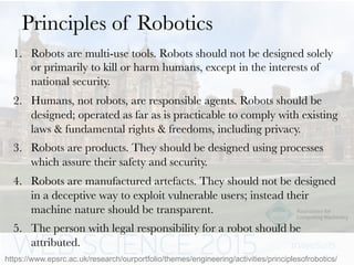 Principles of Robotics
1.  Robots are multi-use tools. Robots should not be designed solely
or primarily to kill or harm humans, except in the interests of
national security.
2.  Humans, not robots, are responsible agents. Robots should be
designed; operated as far as is practicable to comply with existing
laws & fundamental rights & freedoms, including privacy.
3.  Robots are products. They should be designed using processes
which assure their safety and security.
4.  Robots are manufactured artefacts. They should not be designed
in a deceptive way to exploit vulnerable users; instead their
machine nature should be transparent.
5.  The person with legal responsibility for a robot should be
attributed.
https://www.epsrc.ac.uk/research/ourportfolio/themes/engineering/activities/principlesofrobotics/
AlanWinfield
 