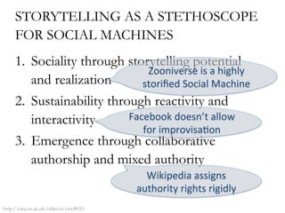 STORYTELLING AS A STETHOSCOPE
FOR SOCIAL MACHINES
1.  Sociality through storytelling potential
and realization
2.  Sustainability through reactivity and
interactivity
3.  Emergence through collaborative
authorship and mixed authority
Zooniverse	
  is	
  a	
  highly	
  
storiﬁed	
  Social	
  Machine	
  
Facebook	
  doesn’t	
  allow	
  
for	
  improvisa6on	
  
Wikipedia	
  assigns	
  
authority	
  rights	
  rigidly	
  
http://ora.ox.ac.uk/objects/ora:8033
 