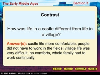 Contrast How was life in a castle different from life in a village? Answer(s):  castle life more comfortable, people did not have to work in the fields; village life was very difficult, no comforts, whole family had to work continually 